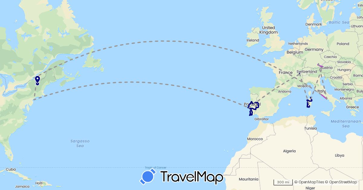 TravelMap itinerary: driving, plane, train in Austria, Canada, Switzerland, Germany, Spain, France, Italy, Portugal, United States (Europe, North America)